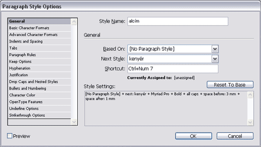 Paragraph Style Options/General