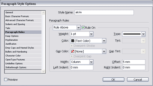 Paragraph Style Options/Paragraph Rules