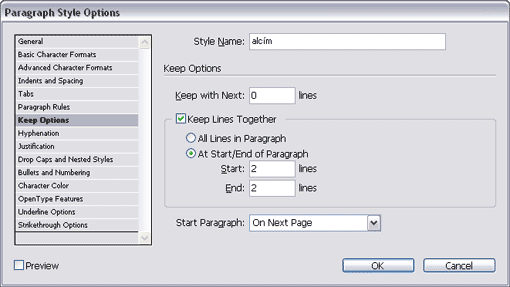 Paragraph Style Options/Keep Options