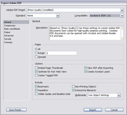 Export Adobe PDF ablak