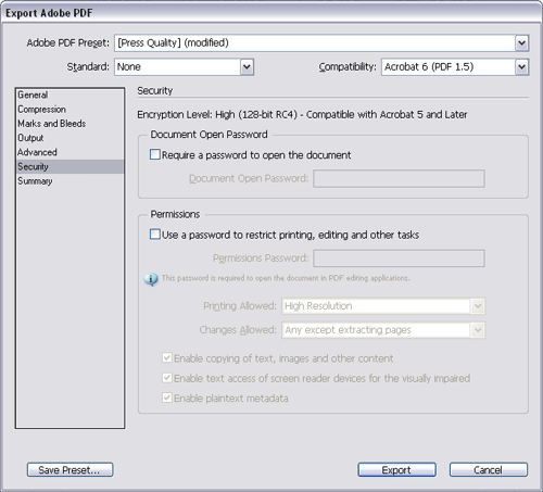 Export Adobe PDF ablak