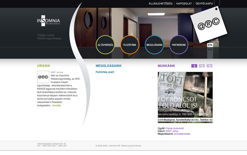 az Insomnia új honlapjának nyitó oldala