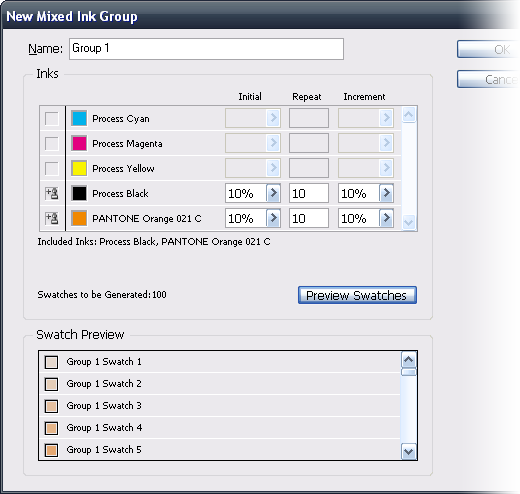 a „New Mixed Ink Group” párbeszédablak