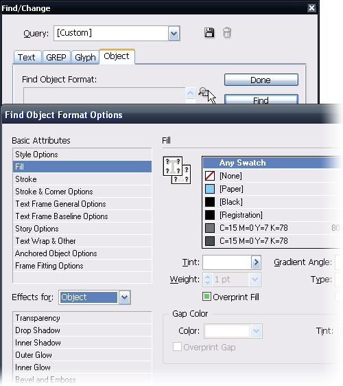 a „Find Object Format Options” párbeszédablak
