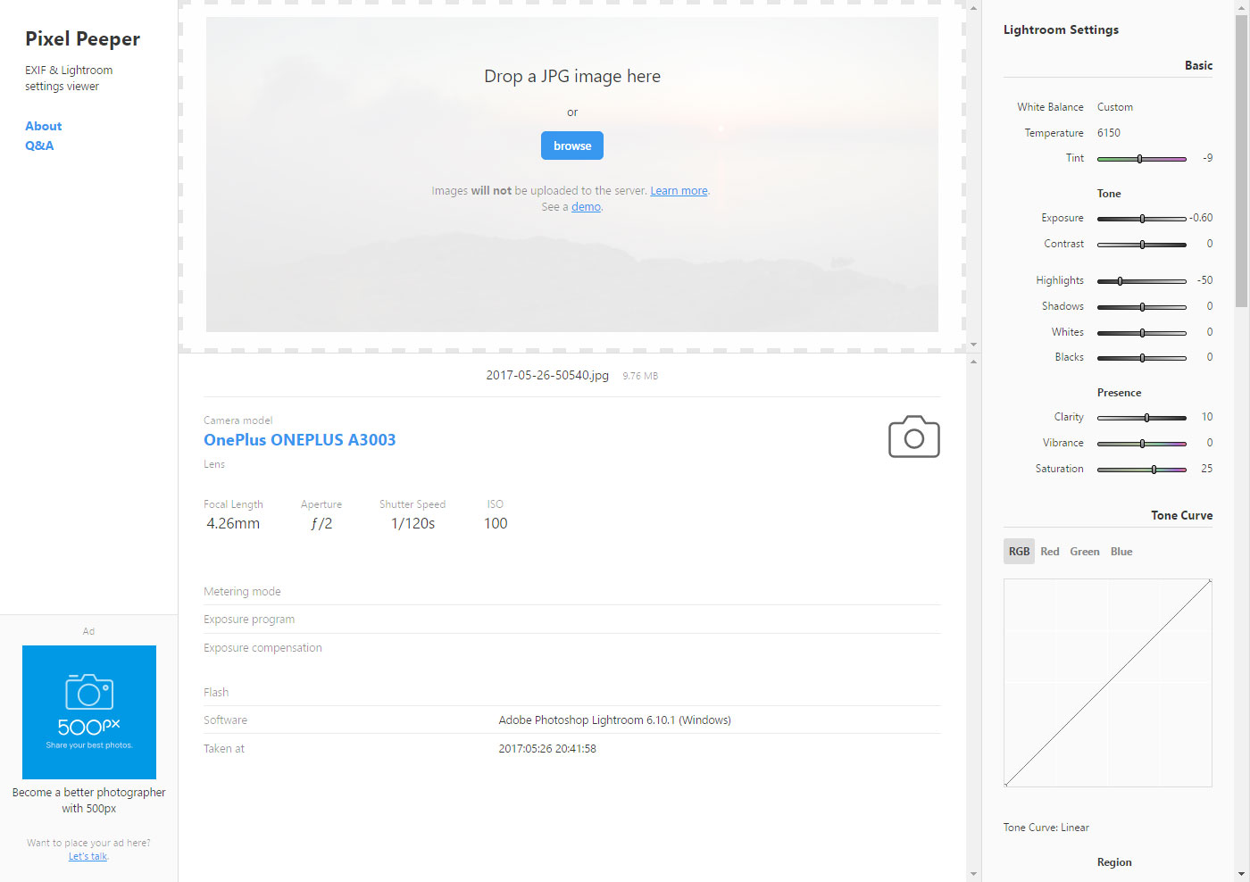 Pixel Peeper: EXIF & Lightroom settings viewer